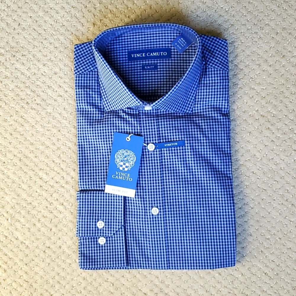 Vince Camuto Men's Dress Shirt, Slim Fit, size 15 32-33, blue/white checkered.